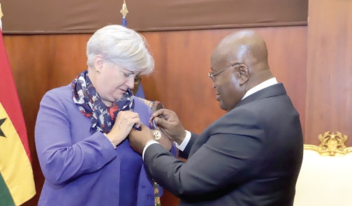 President Akufo-Addo decorating Stephanie S. Sullivan, the outgoing US Ambassador to Ghana, with the Grand Medal Award at the Jubilee House. Picture: SAMUEL TEI ADANO President Akufo-Addo decorating Stephanie S. Sullivan, the outgoing US Ambassador to Ghana, with the Grand Medal Award at the Jubilee House. Picture: SAMUEL TEI ADANO